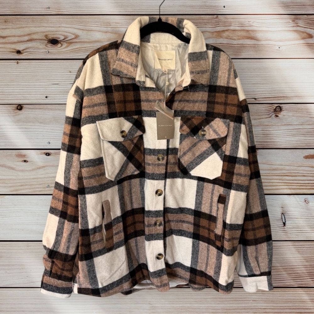 New Women's Thread & Supply Brown Black Flannel Plaid Shacket Jacket